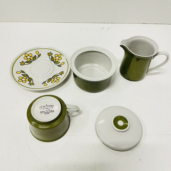 VTG Mikasa Epiqure One Olive Sugar Creamer Saucer Mug Cup Set Tea Coffee Japan - Picture 3 of 4